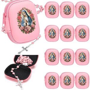 12 Pink Rosary Beads Catholic Set with Virgin Mary Box for Women